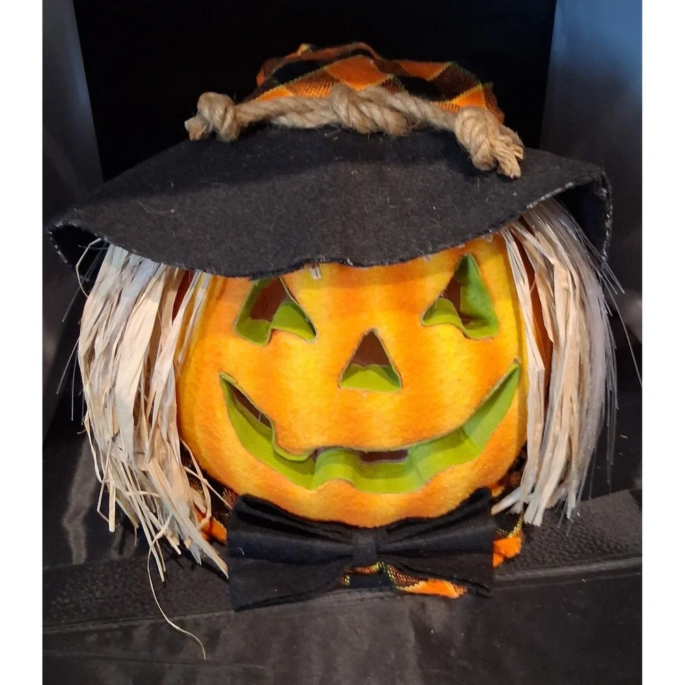 Vintage Halloween Scarecrow Pumpkin Light Jack-O-Lantern Plaid Hat 8.5